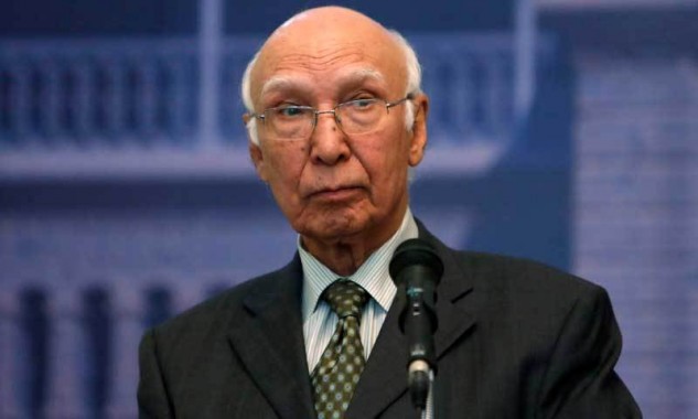 Pakistan's new foreign policy chief Aziz speaks during a news conference in Kabul